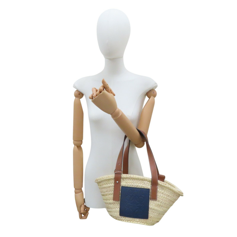 米色 棕櫚葉編織 棕/藍色牛皮 Basket 手提包 #262121-8