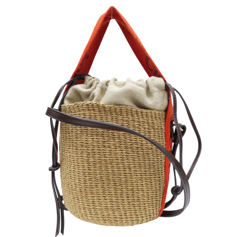 棕色藤編 橘色帆布 肩背包-0