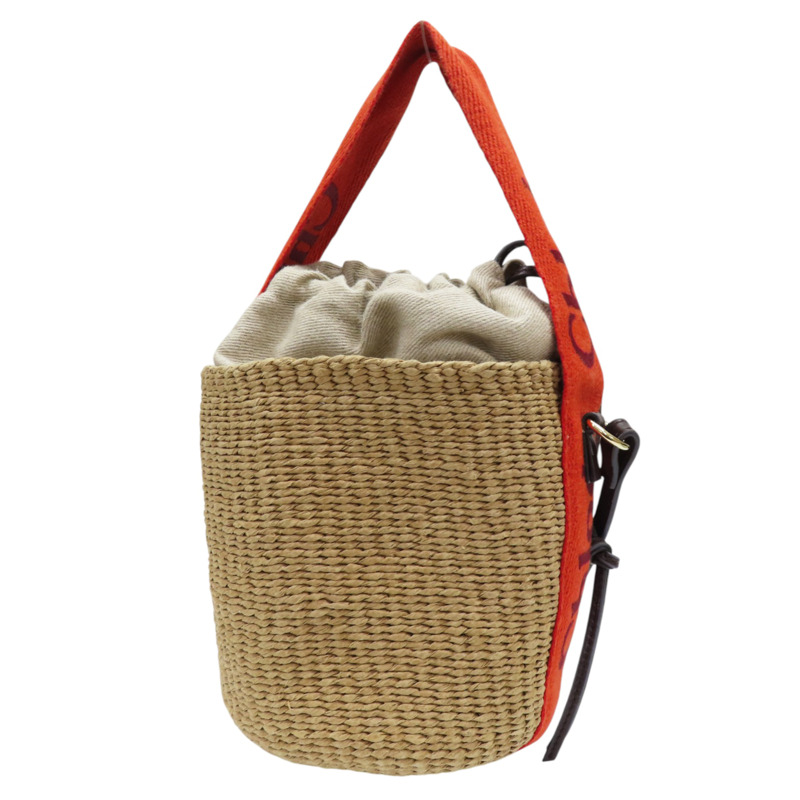 棕色藤編 橘色帆布 肩背包-1