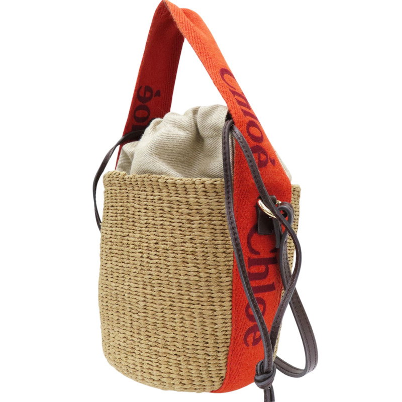 棕色藤編 橘色帆布 肩背包-2