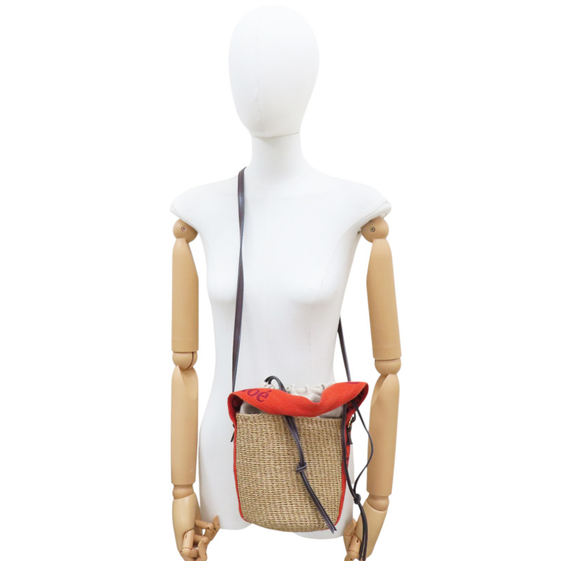 棕色藤編 橘色帆布 肩背包-7