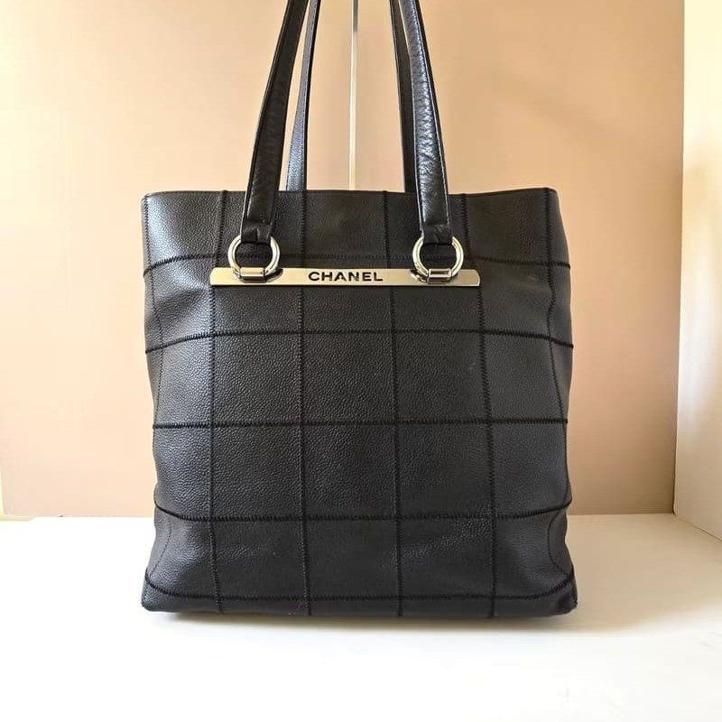 【LA LUNE】稀有中古包 Chanel古董黑色魚子醬冰格皮革托特包 單肩包 側背包-0