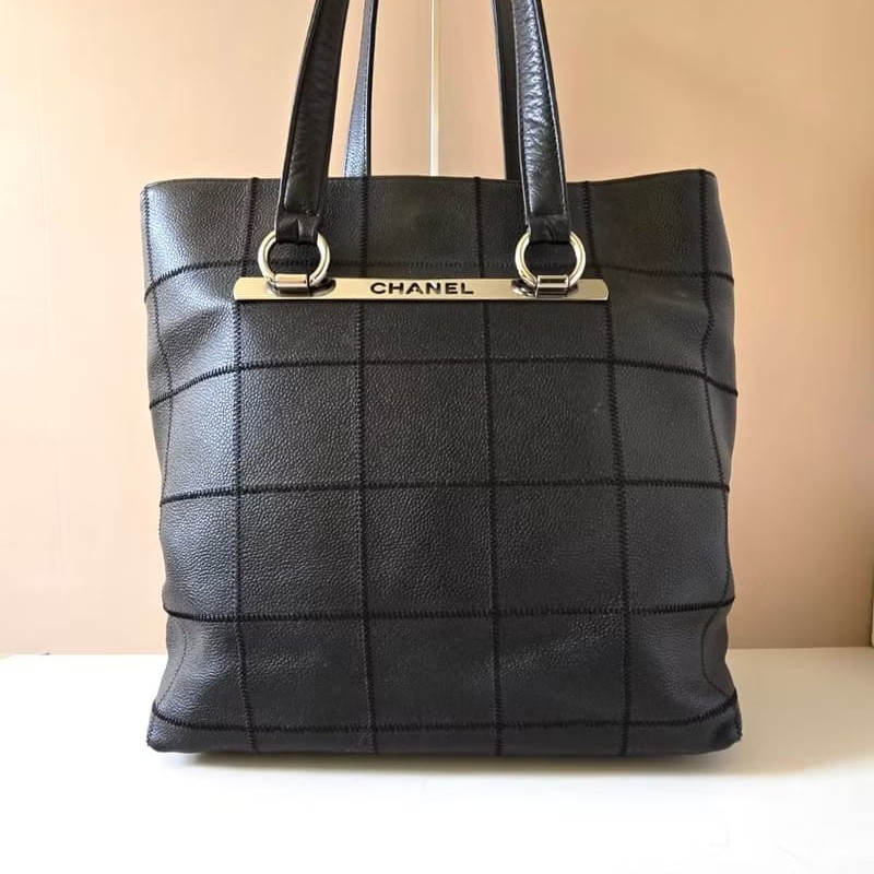 【LA LUNE】稀有中古包 Chanel古董黑色魚子醬冰格皮革托特包 單肩包 側背包-1