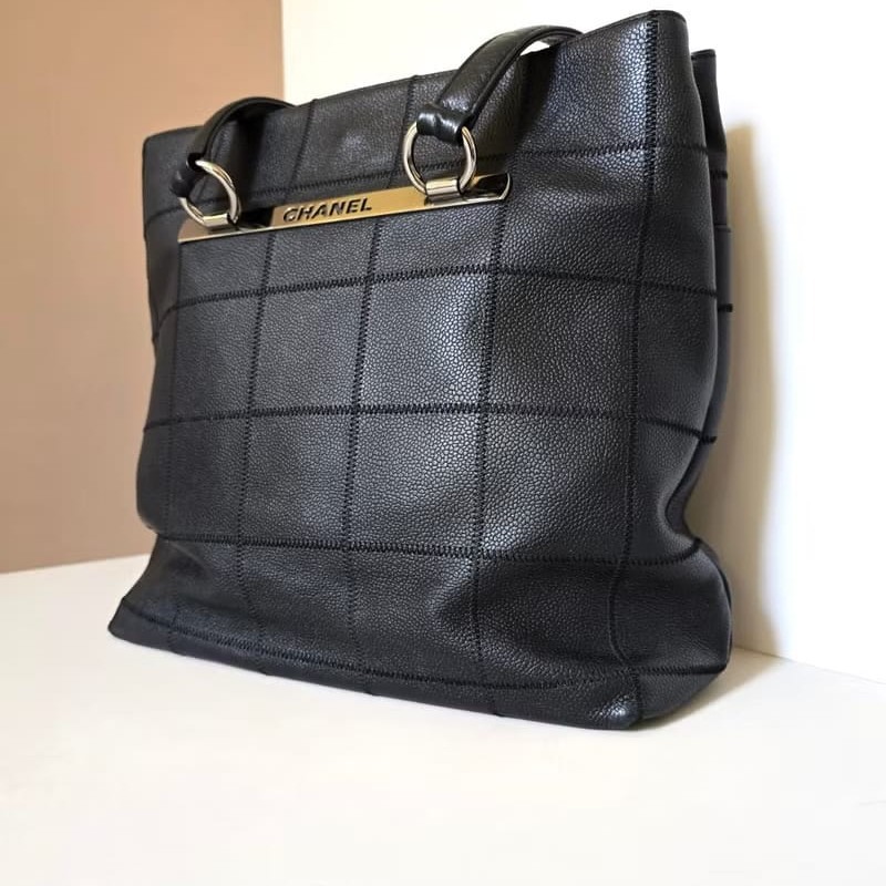 【LA LUNE】稀有中古包 Chanel古董黑色魚子醬冰格皮革托特包 單肩包 側背包-6