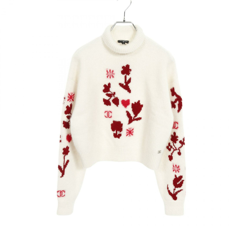 香奈兒 COCO 標誌針織衫 P77821K11264 羊絨真絲 白色 紅色 二手 女士 #40-0