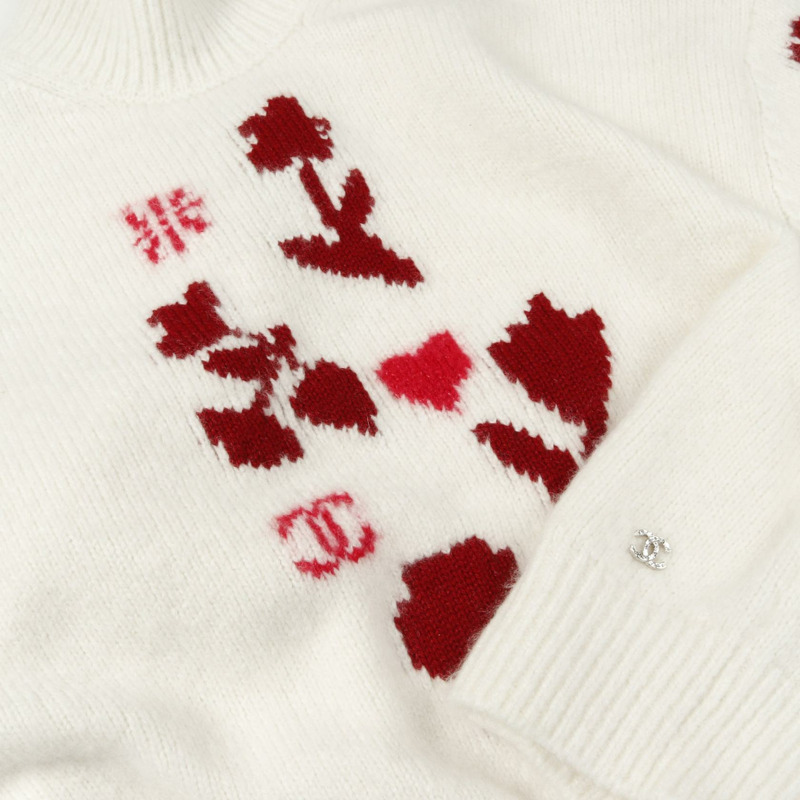 香奈兒 COCO 標誌針織衫 P77821K11264 羊絨真絲 白色 紅色 二手 女士 #40-8