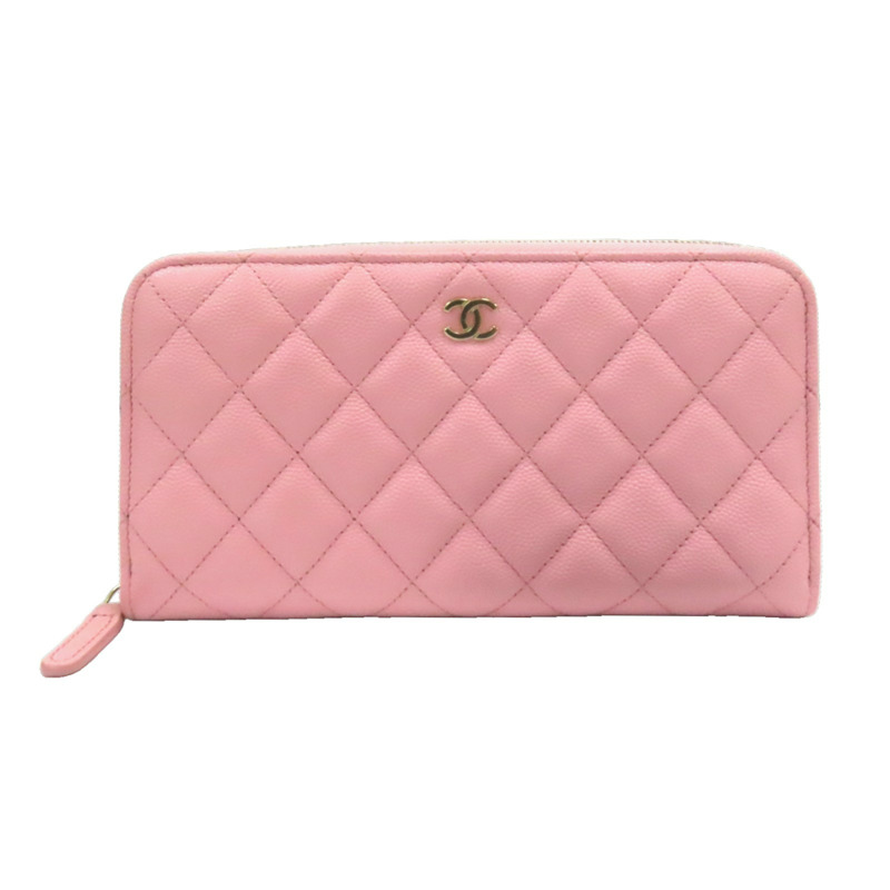 粉紅色 荔枝紋牛皮 CC LOGO 菱格紋 拉鍊長夾 AP0242-0