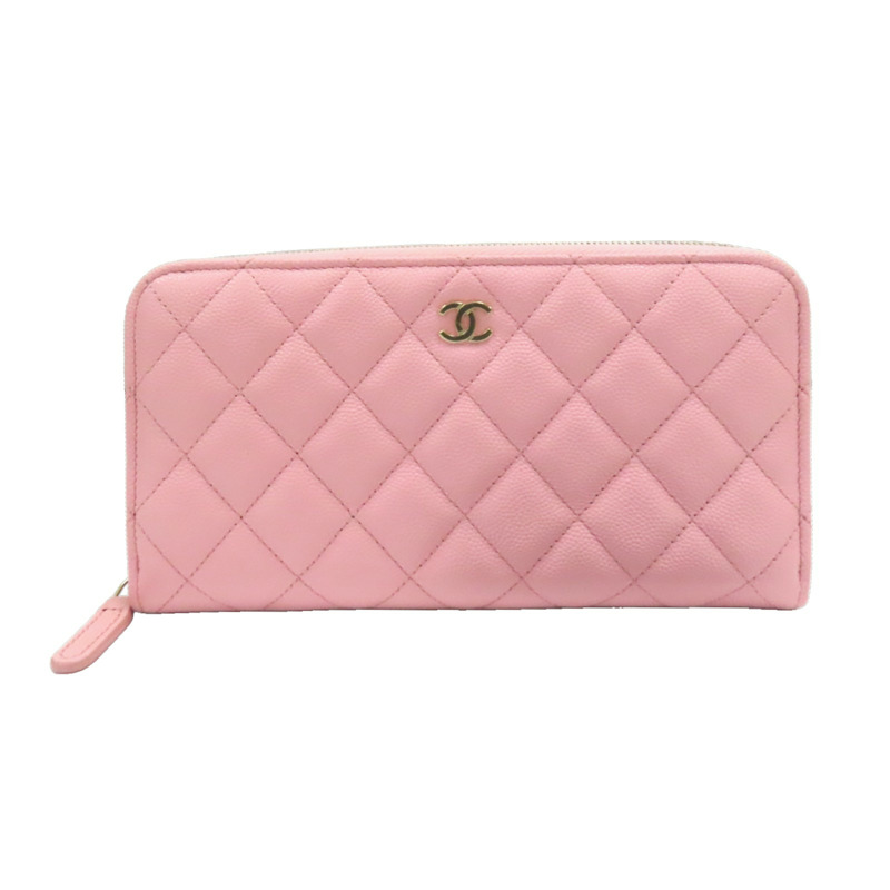 粉紅色 荔枝紋牛皮 CC LOGO 菱格紋 拉鍊長夾 AP0242-1