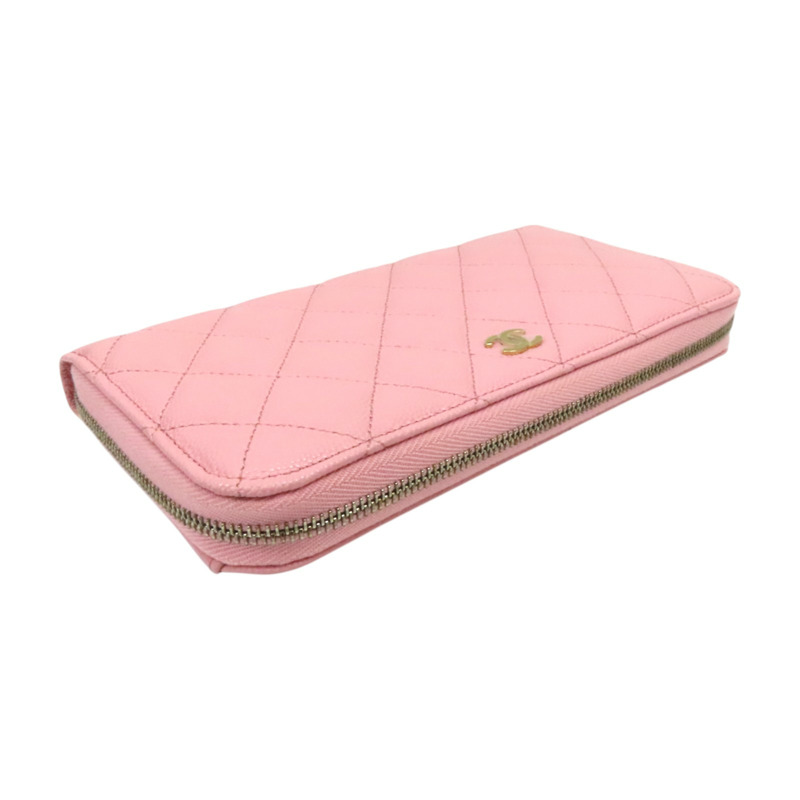 粉紅色 荔枝紋牛皮 CC LOGO 菱格紋 拉鍊長夾 AP0242-2
