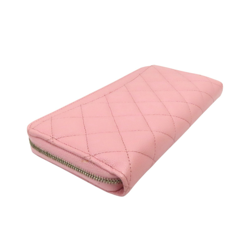 粉紅色 荔枝紋牛皮 CC LOGO 菱格紋 拉鍊長夾 AP0242-3