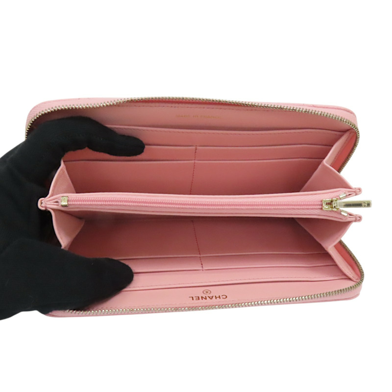 粉紅色 荔枝紋牛皮 CC LOGO 菱格紋 拉鍊長夾 AP0242-4