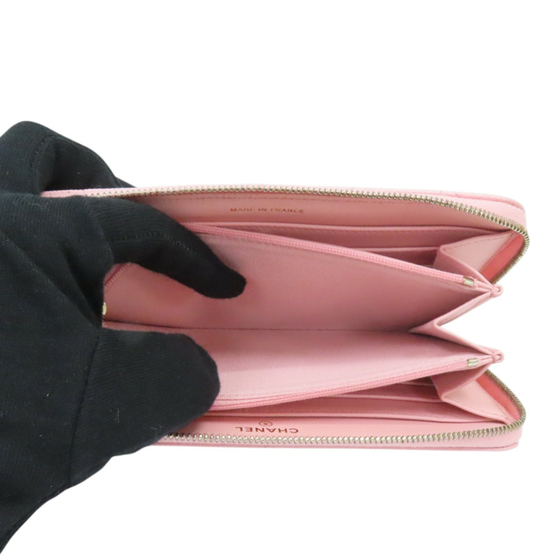 粉紅色 荔枝紋牛皮 CC LOGO 菱格紋 拉鍊長夾 AP0242-5