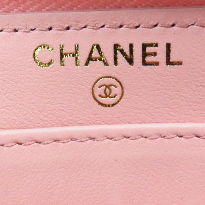 粉紅色 荔枝紋牛皮 CC LOGO 菱格紋 拉鍊長夾 AP0242-6