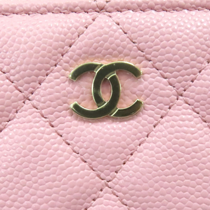 粉紅色 荔枝紋牛皮 CC LOGO 菱格紋 拉鍊長夾 AP0242-9