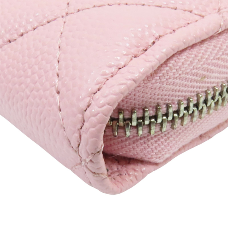 粉紅色 荔枝紋牛皮 CC LOGO 菱格紋 拉鍊長夾 AP0242-10