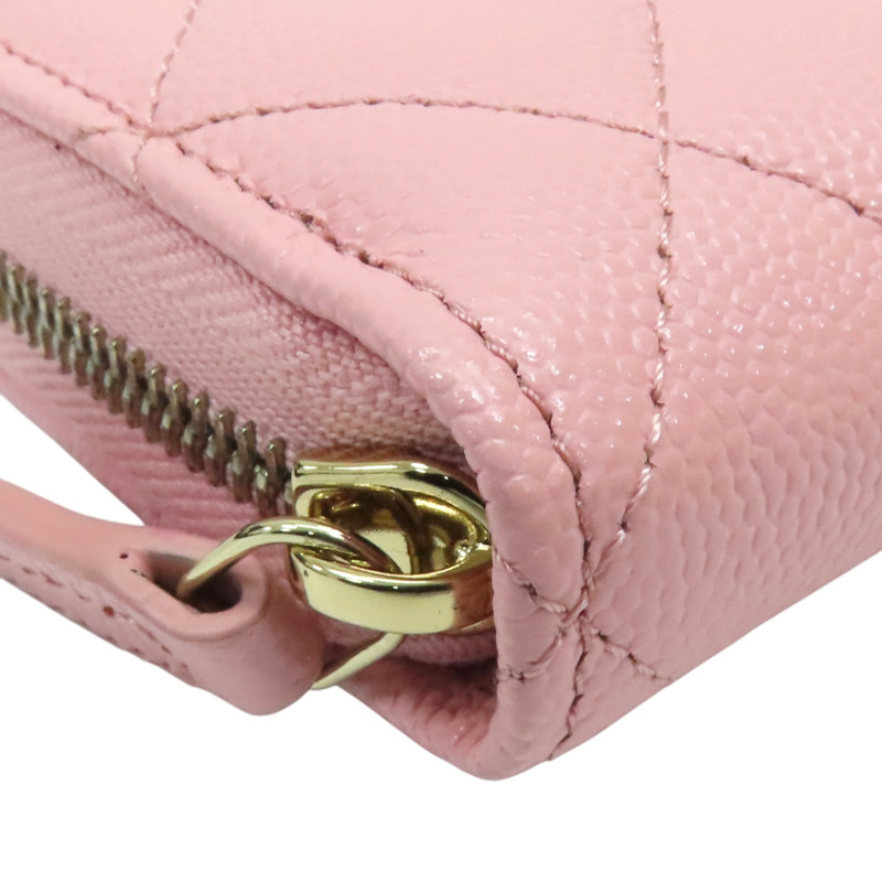 粉紅色 荔枝紋牛皮 CC LOGO 菱格紋 拉鍊長夾 AP0242-11