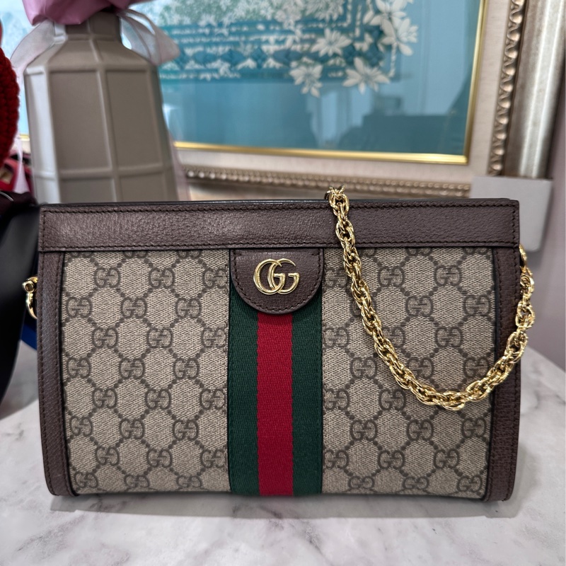 Gucci PVC咖牛皮綠紅綠織帶磁吸金鏈小號肩斜包🌟孫芸芸同款🌟-0