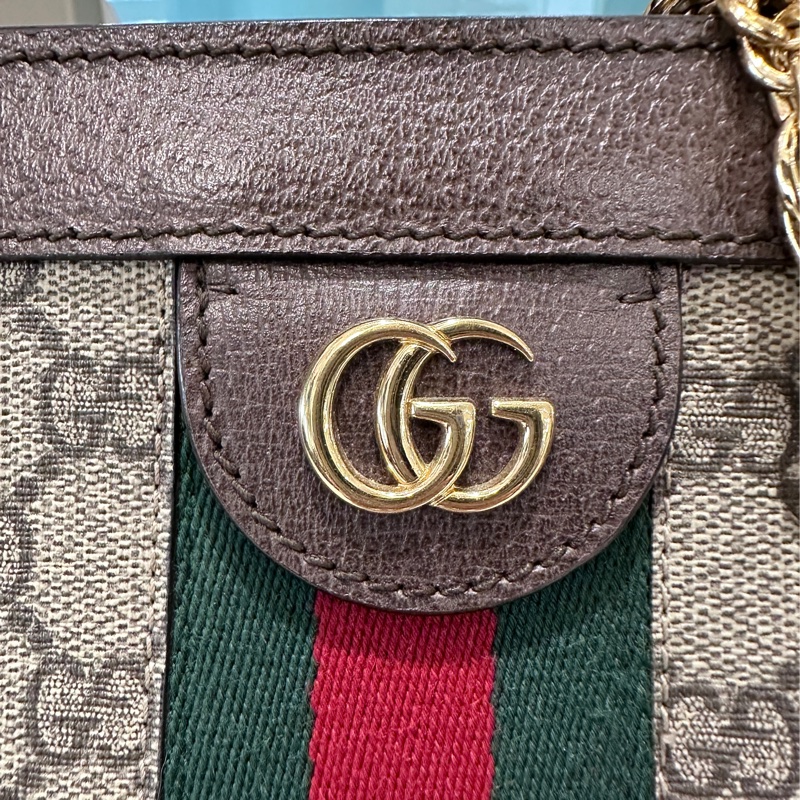 Gucci PVC咖牛皮綠紅綠織帶磁吸金鏈小號肩斜包🌟孫芸芸同款🌟-1