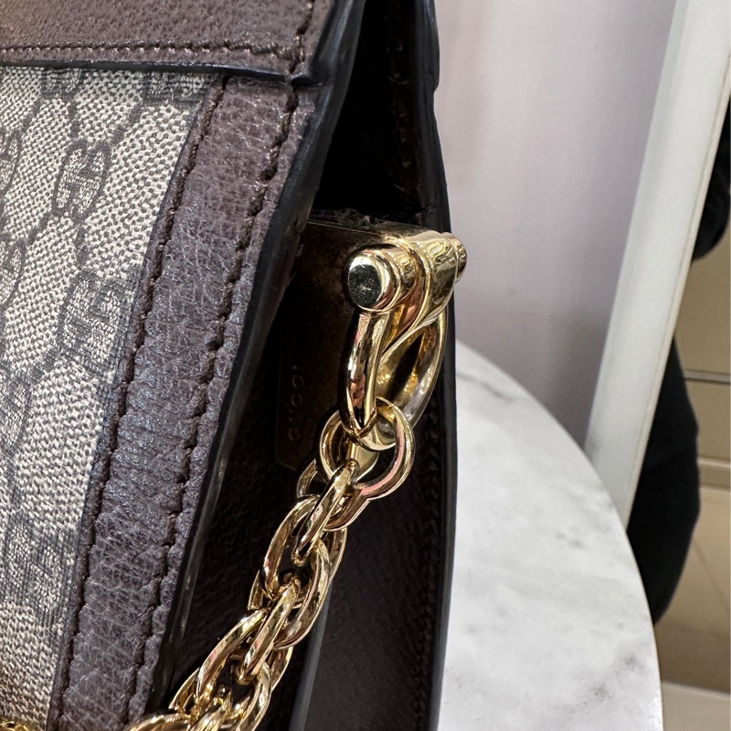 Gucci PVC咖牛皮綠紅綠織帶磁吸金鏈小號肩斜包🌟孫芸芸同款🌟-6