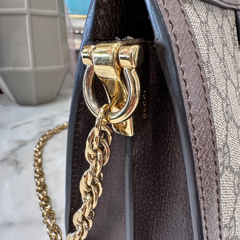 Gucci PVC咖牛皮綠紅綠織帶磁吸金鏈小號肩斜包🌟孫芸芸同款🌟-7