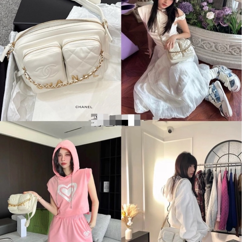 香奈兒Chanel 22C白色金扣雙口袋相機包又叫炸藥包-0