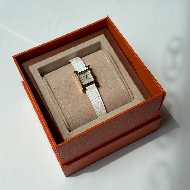 Hermes 白鱷魚錶帶金H面11點鑽女錶-0