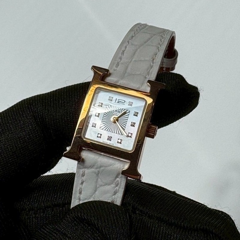 Hermes 白鱷魚錶帶金H面11點鑽女錶-1