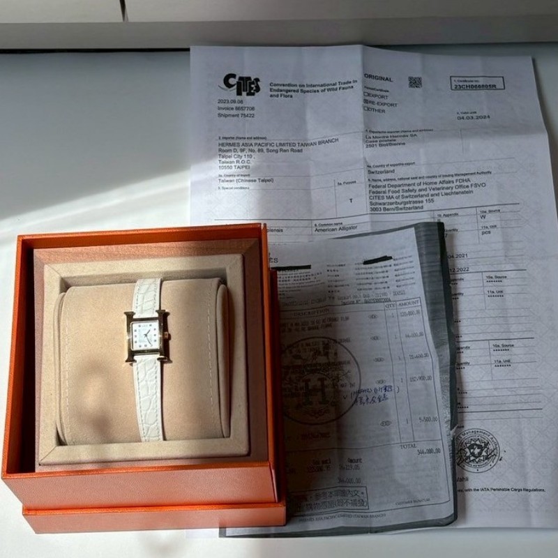 Hermes 白鱷魚錶帶金H面11點鑽女錶-3