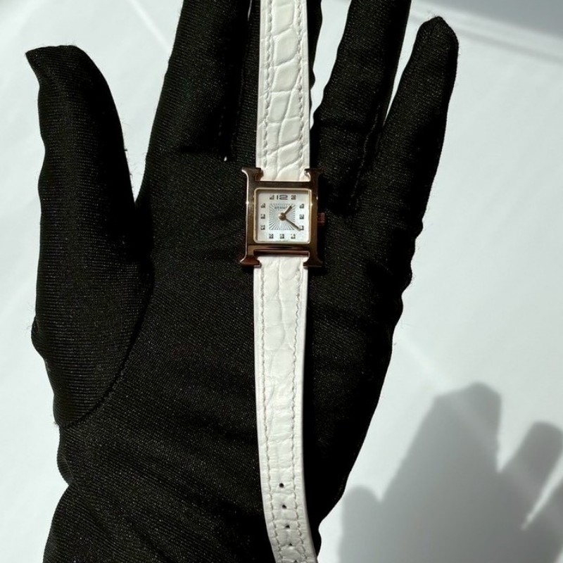Hermes 白鱷魚錶帶金H面11點鑽女錶-4