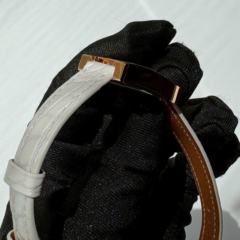 Hermes 白鱷魚錶帶金H面11點鑽女錶-7