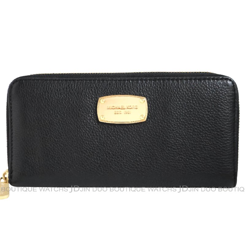 金鐸精品~2465 MICHAEL KORS MK 黑色皮革紋金牌拉鍊長夾 全新品-0