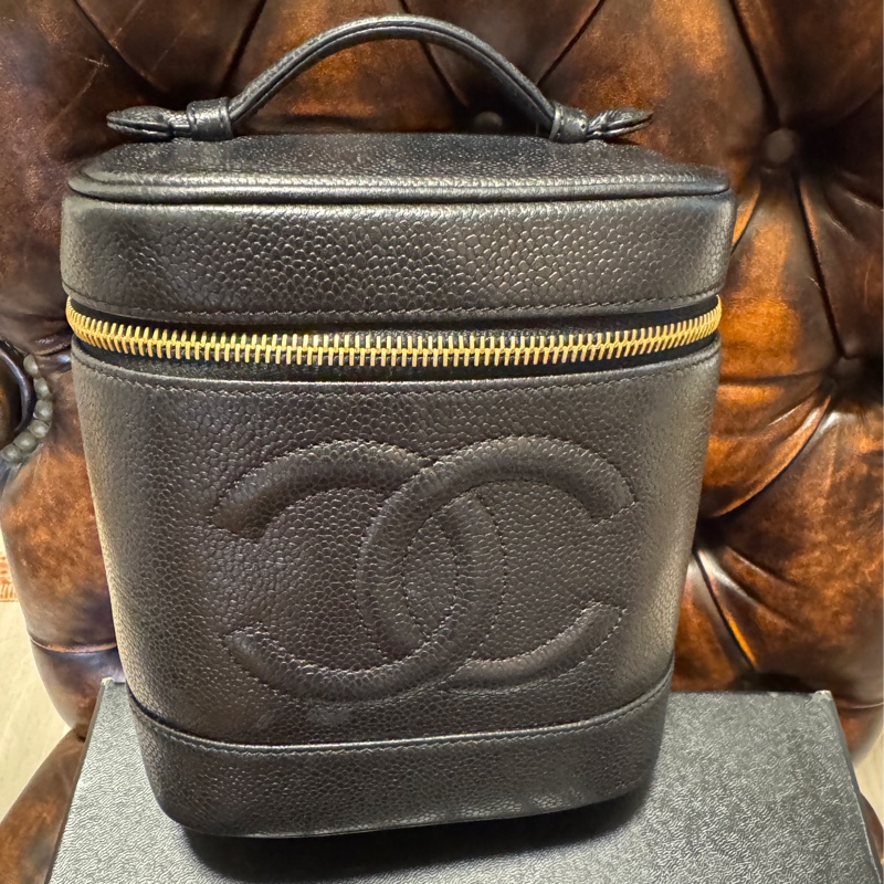 日本中古香奈兒 CHANEL 魚子醬荔枝皮 黑色金鏈 化妝箱 Vintage Vanity bag 化妝包 手提包 有卡有盒-7