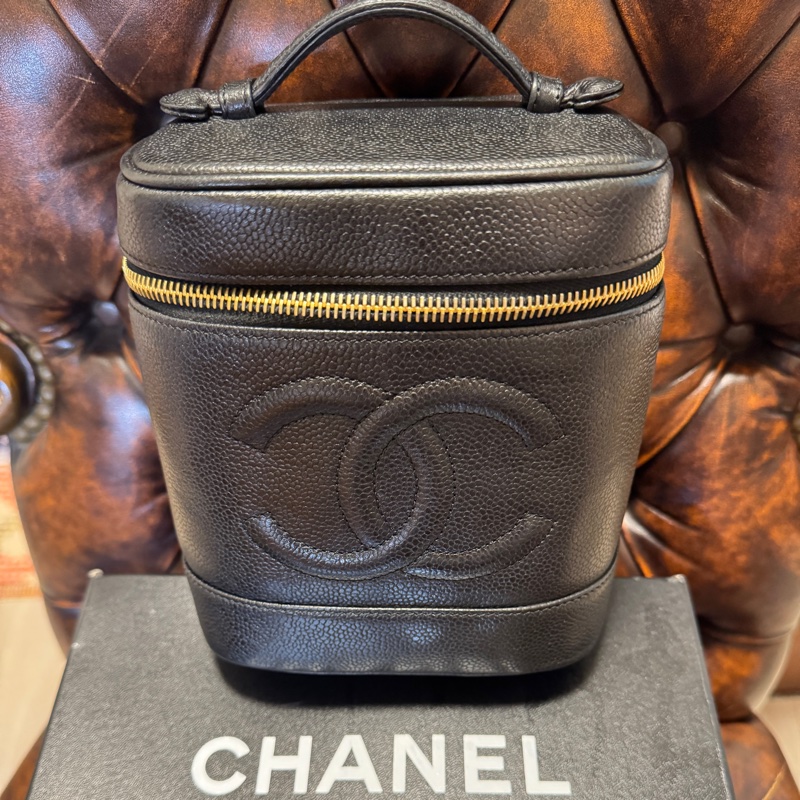 日本中古香奈兒 CHANEL 魚子醬荔枝皮 黑色金鏈 化妝箱 Vintage Vanity bag 化妝包 手提包 有卡有盒-9