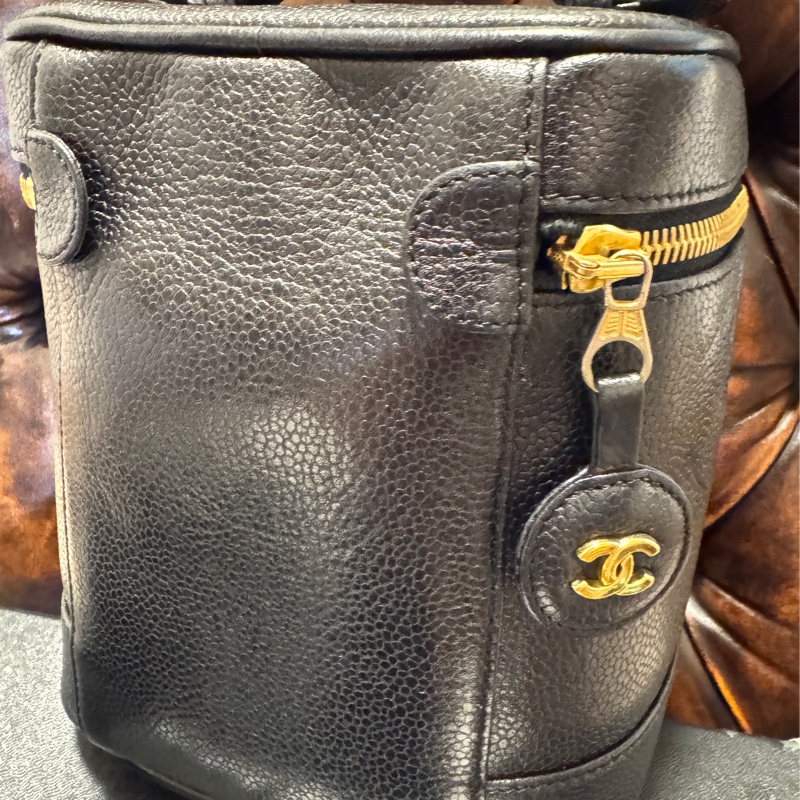 日本中古香奈兒 CHANEL 魚子醬荔枝皮 黑色金鏈 化妝箱 Vintage Vanity bag 化妝包 手提包 有卡有盒-10