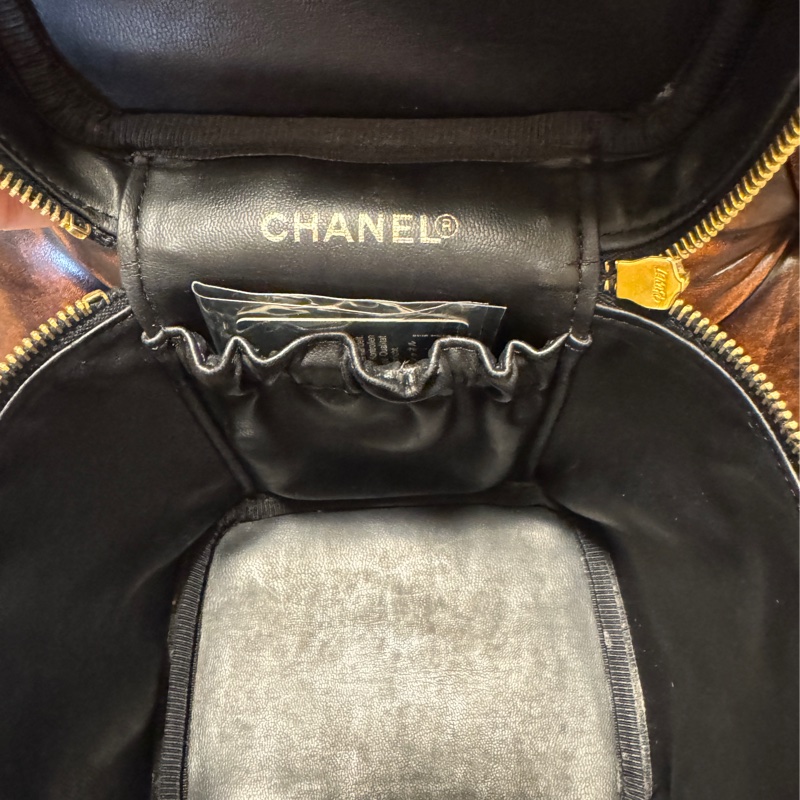 日本中古香奈兒 CHANEL 魚子醬荔枝皮 黑色金鏈 化妝箱 Vintage Vanity bag 化妝包 手提包 有卡有盒-16