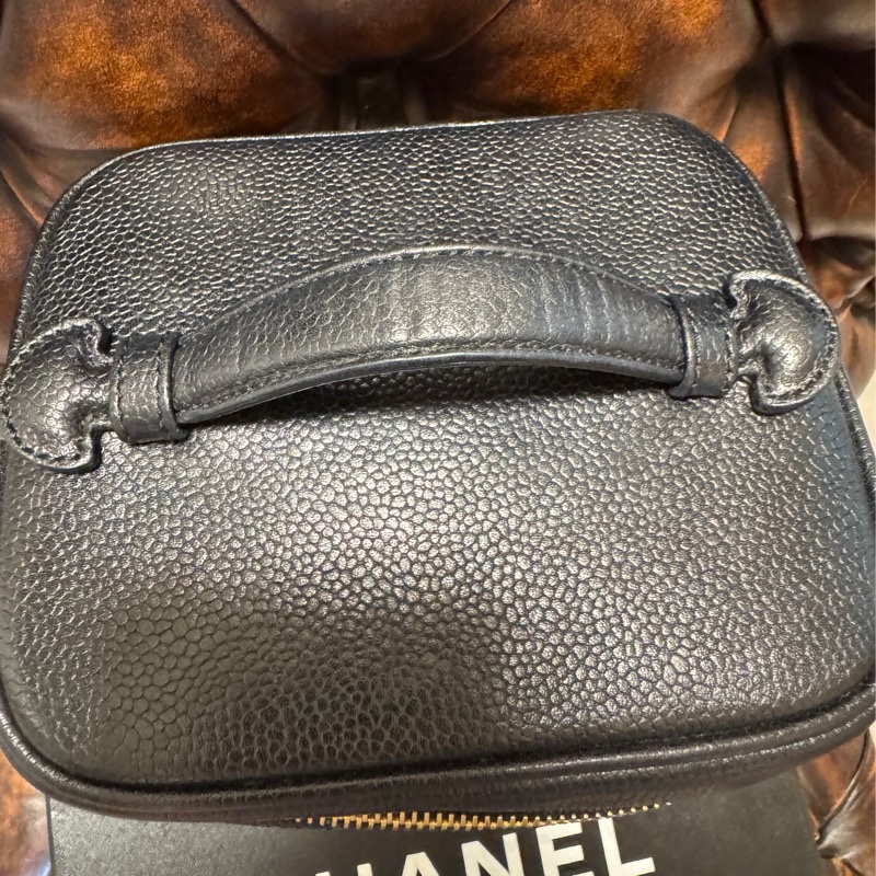 日本中古香奈兒 CHANEL 魚子醬荔枝皮 黑色金鏈 化妝箱 Vintage Vanity bag 化妝包 手提包 有卡有盒-28