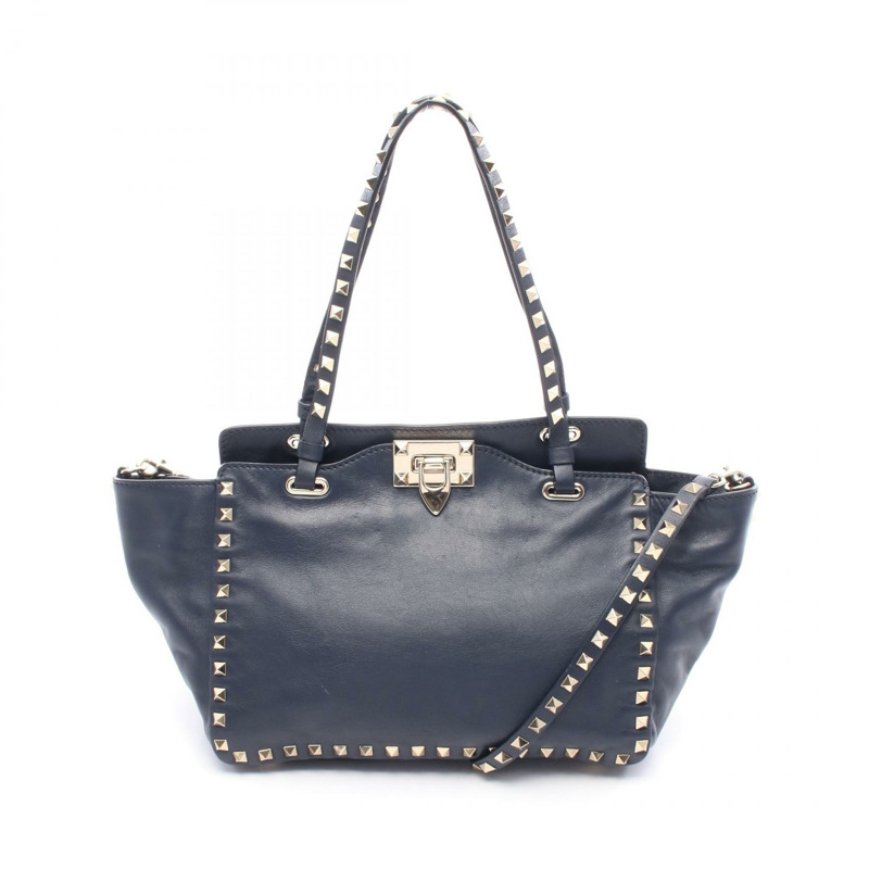 Valentino Rock 鉚釘肩背包 托特包 皮革 海軍藍 二手 女士-0
