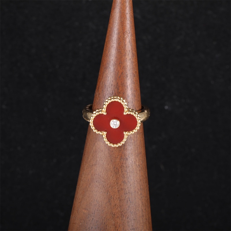 VAN CLEEF&ARPELS(梵克雅寶) Vintage Alhambra 中號單花戒指 單鑽 18K黃金/鑽石/紅玉髓 50 黃金-0