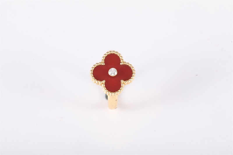 VAN CLEEF&ARPELS(梵克雅寶) Vintage Alhambra 中號單花戒指 單鑽 18K黃金/鑽石/紅玉髓 50 黃金-1