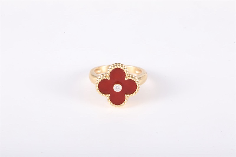 VAN CLEEF&ARPELS(梵克雅寶) Vintage Alhambra 中號單花戒指 單鑽 18K黃金/鑽石/紅玉髓 50 黃金-3