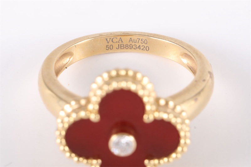 VAN CLEEF&ARPELS(梵克雅寶) Vintage Alhambra 中號單花戒指 單鑽 18K黃金/鑽石/紅玉髓 50 黃金-5