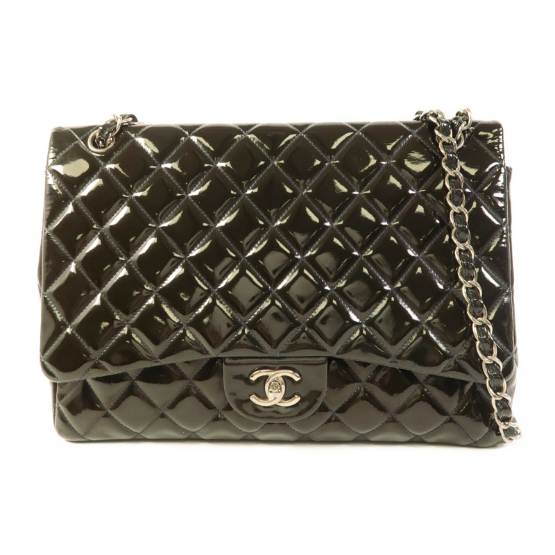 CHANEL 漆皮皮革Maxi Classic銀扣鏈帶肩背袋-0