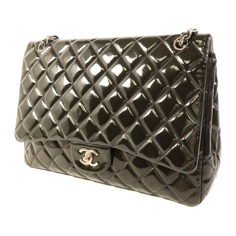 CHANEL 漆皮皮革Maxi Classic銀扣鏈帶肩背袋-1