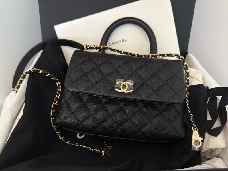 近新CHANEL黑色荔枝皮淡金釦coco Handle 24cm小號~A92990-0