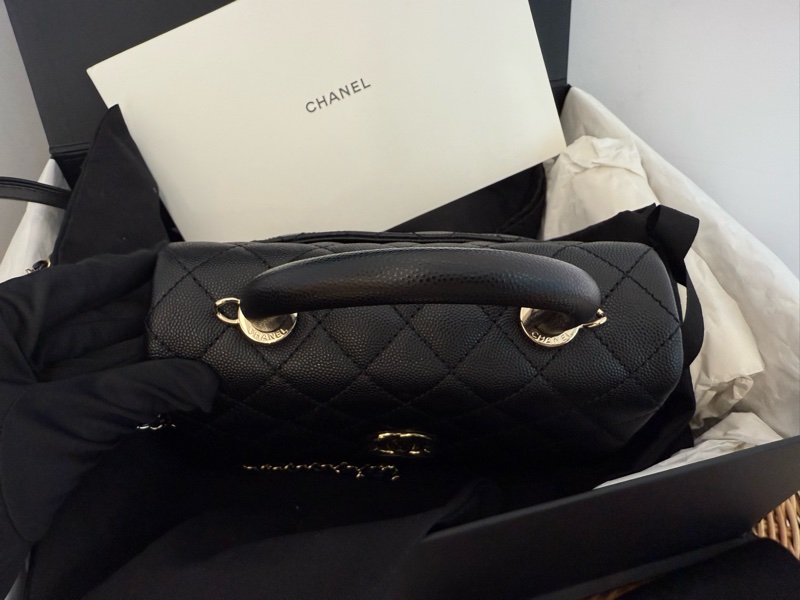 近新CHANEL黑色荔枝皮淡金釦coco Handle 24cm小號~A92990-3