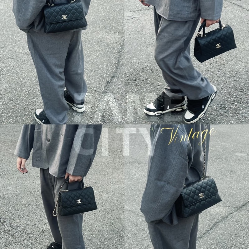 近新CHANEL黑色荔枝皮淡金釦coco Handle 24cm小號~A92990-21