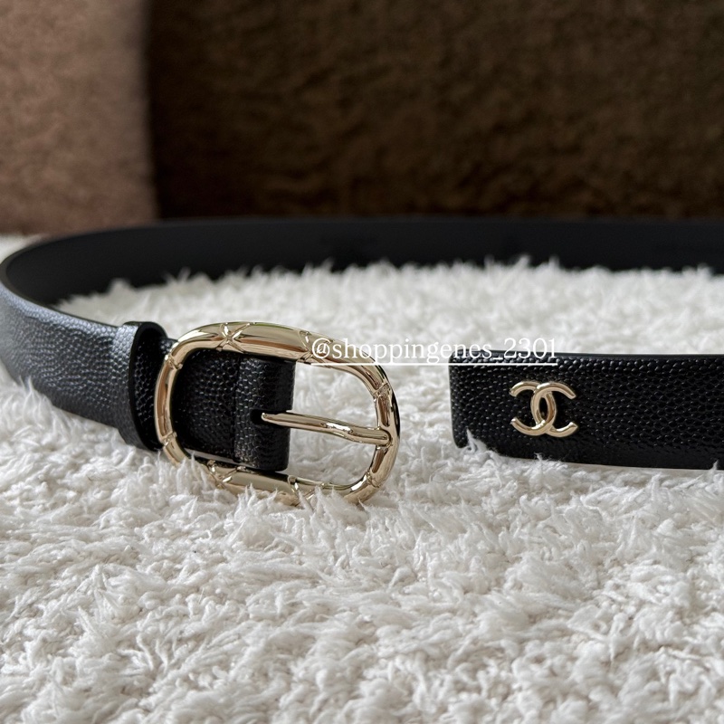 香奈兒 25A 菱格紋雕刻橢圓皮帶釦 荔枝牛皮 窄版 皮帶 🧬預購-7