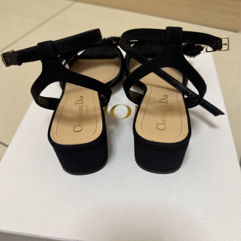 Dior 高跟鞋 4公分 黑色 涼鞋 蝴蝶結 珍珠 繫帶-6