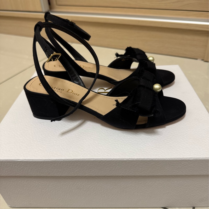 Dior 高跟鞋 4公分 黑色 涼鞋 蝴蝶結 珍珠 繫帶-7