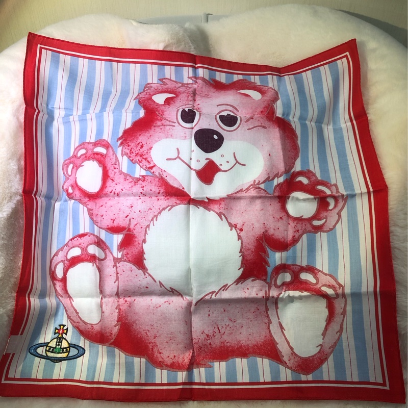 VIVIAN WESTWOOD西太后藍白間條小熊方巾 O546-2